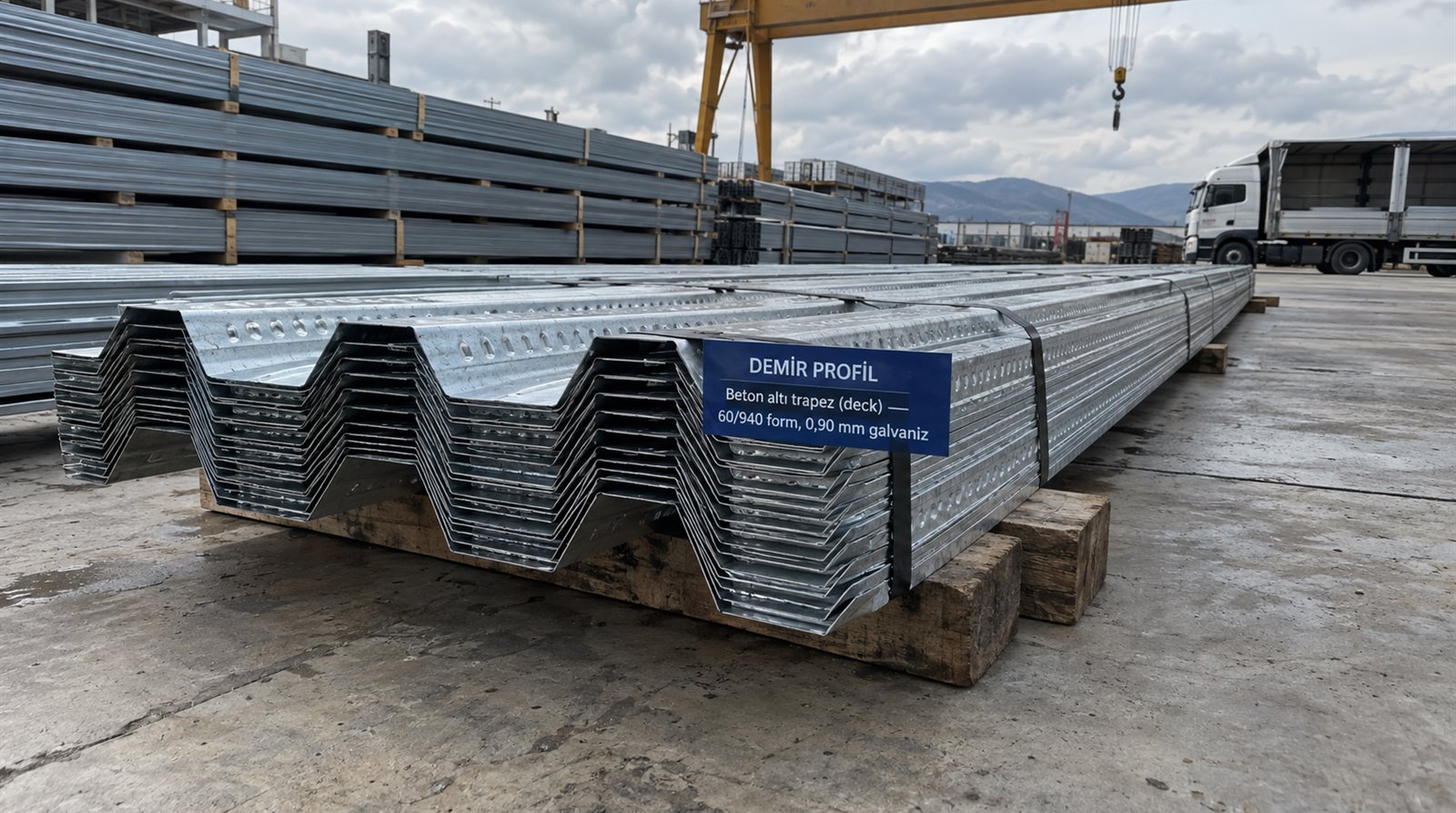 Beton altı trapez (deck) 60/940 form, 0,90 mm galvaniz, açık saha profil stoğunda