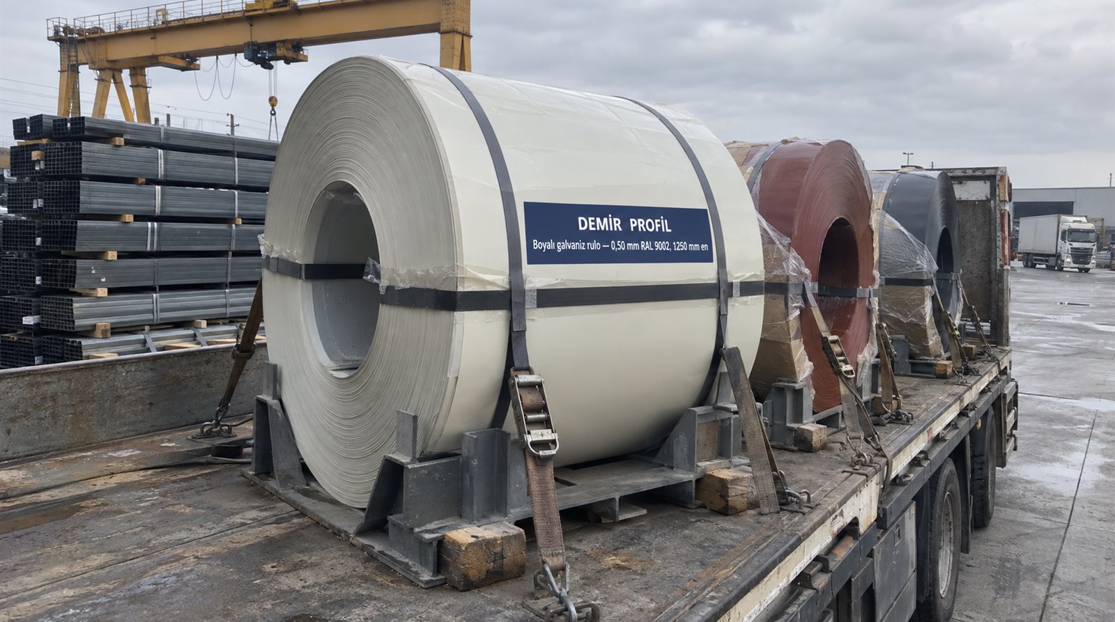 Boyalı galvaniz rulo 0,50 mm RAL 9002, 1250 mm en, açık saha profil stoğunda