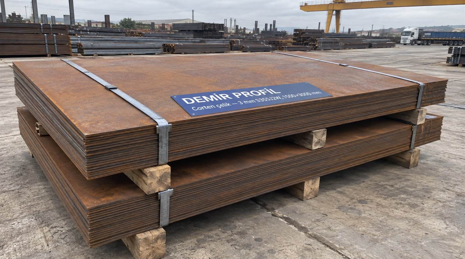 Corten çelik 3 mm S355J2W, 1500×3000 mm, açık saha profil stoğunda