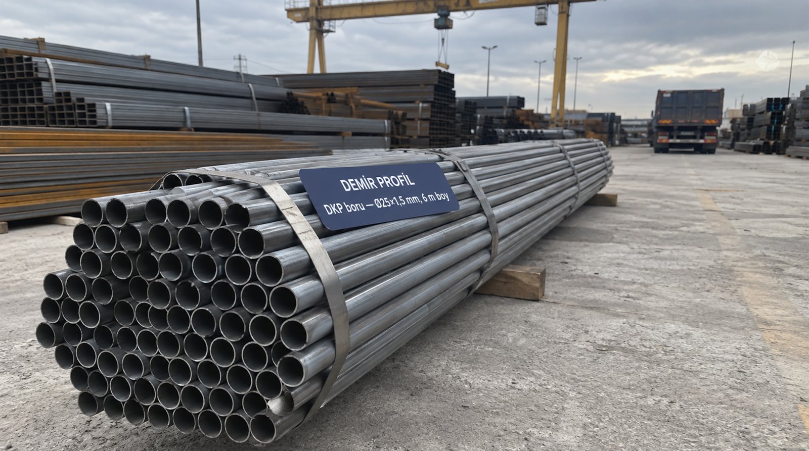 DKP boru Ø25×1,5 mm, 6 m boy, açık saha profil stoğunda