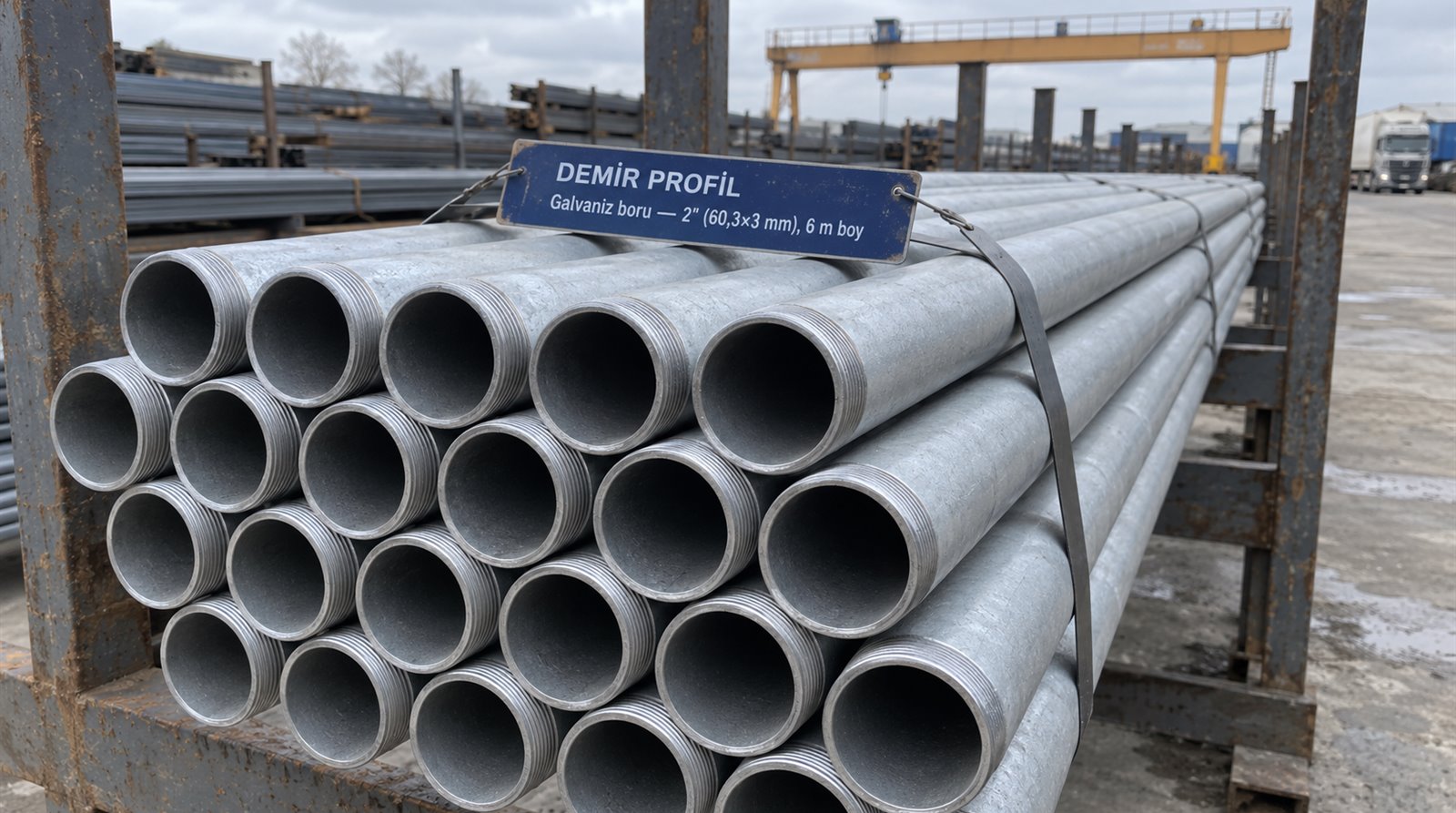 Galvaniz boru 2" (60,3×3 mm), 6 m boy, açık saha profil stoğunda
