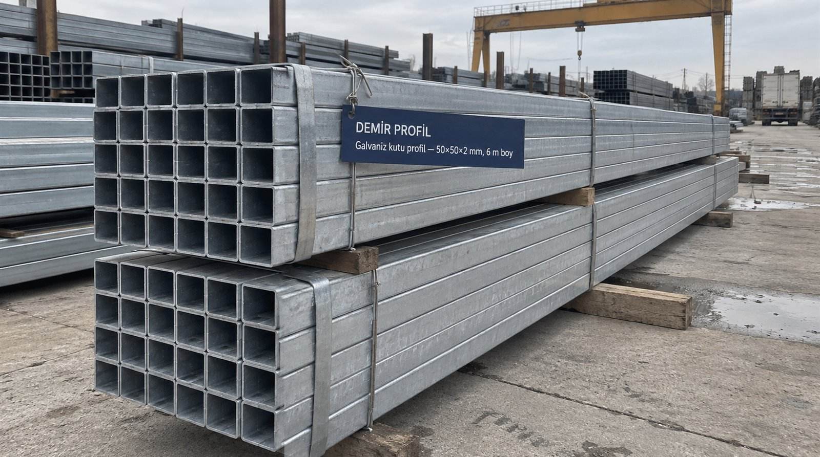 Galvaniz kutu profil 50×50×2 mm, 6 m boy, açık saha profil stoğunda