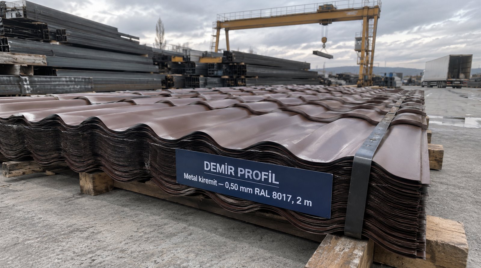 Metal kiremit 0,50 mm RAL 8017, 2 m, açık saha profil stoğunda