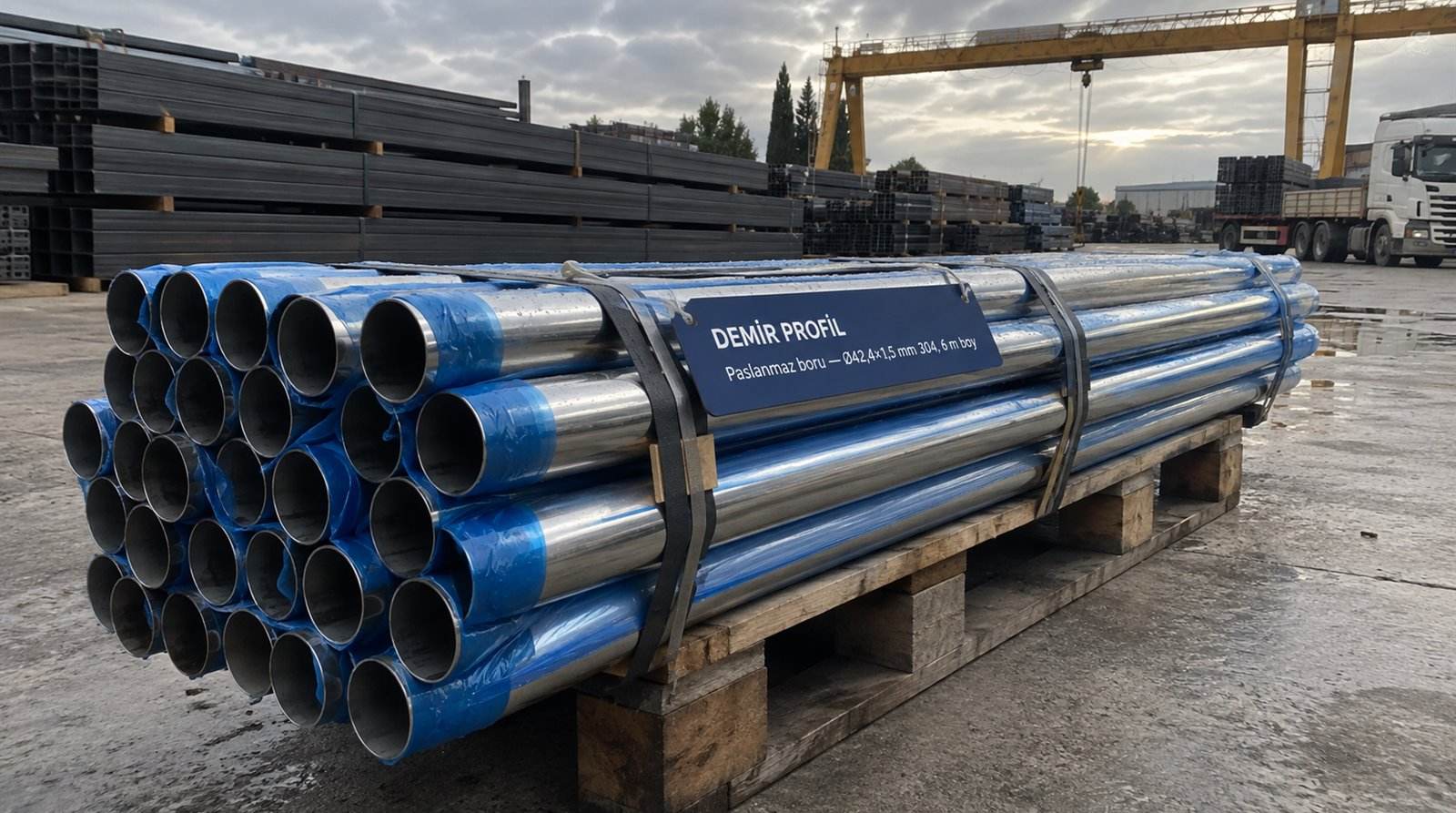 Paslanmaz boru Ø42,4×1,5 mm 304, 6 m boy, açık saha profil stoğunda